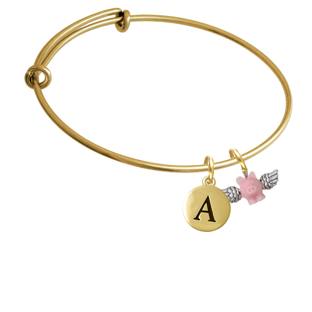 Mini Pink Flying Pig Gold Tone Initial Charm Expandable Bangle Bracelet Br-c5834-pebbleinitial-f2084-gp