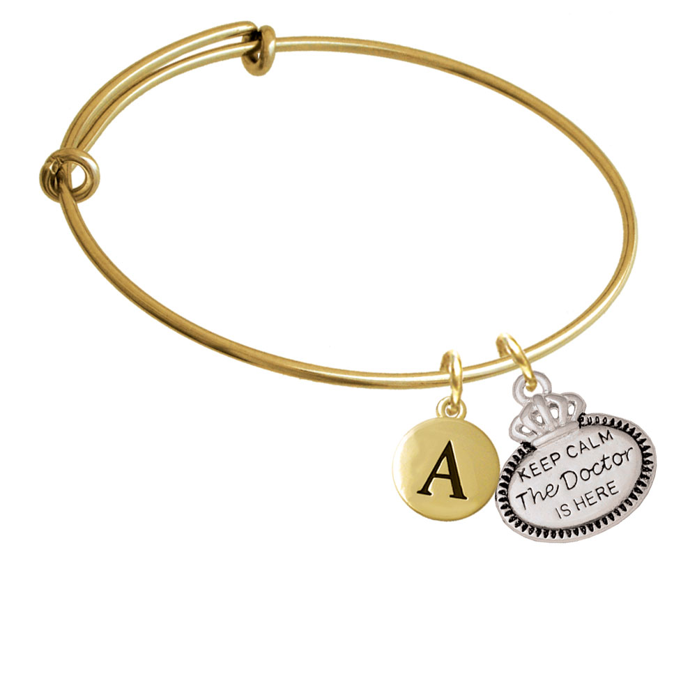Keep Calm The Doctor Is Here Gold Tone Initial Charm Expandable Bangle Bracelet Br-c5931-pebbleinitial-f2084-gp