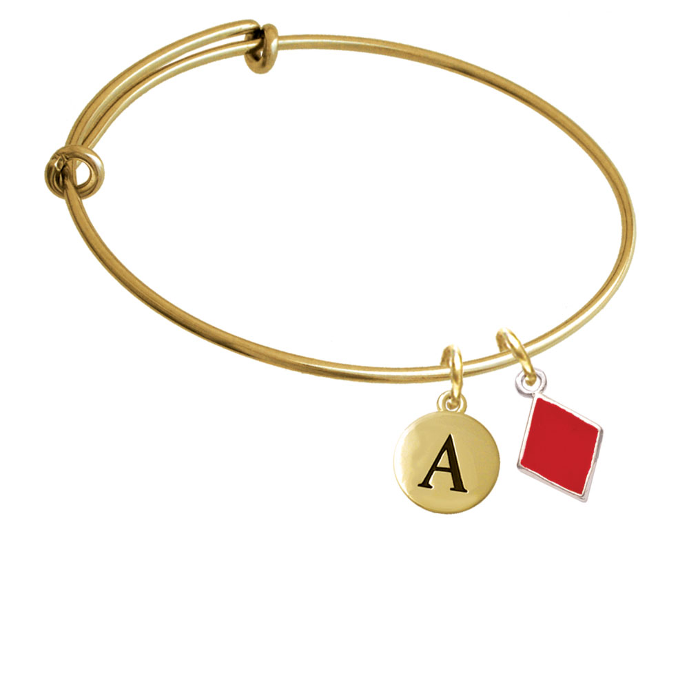 Card Suit - Red Diamond Gold Tone Initial Charm Expandable Bangle Bracelet Br-c5953-pebbleinitial-f2084-gp
