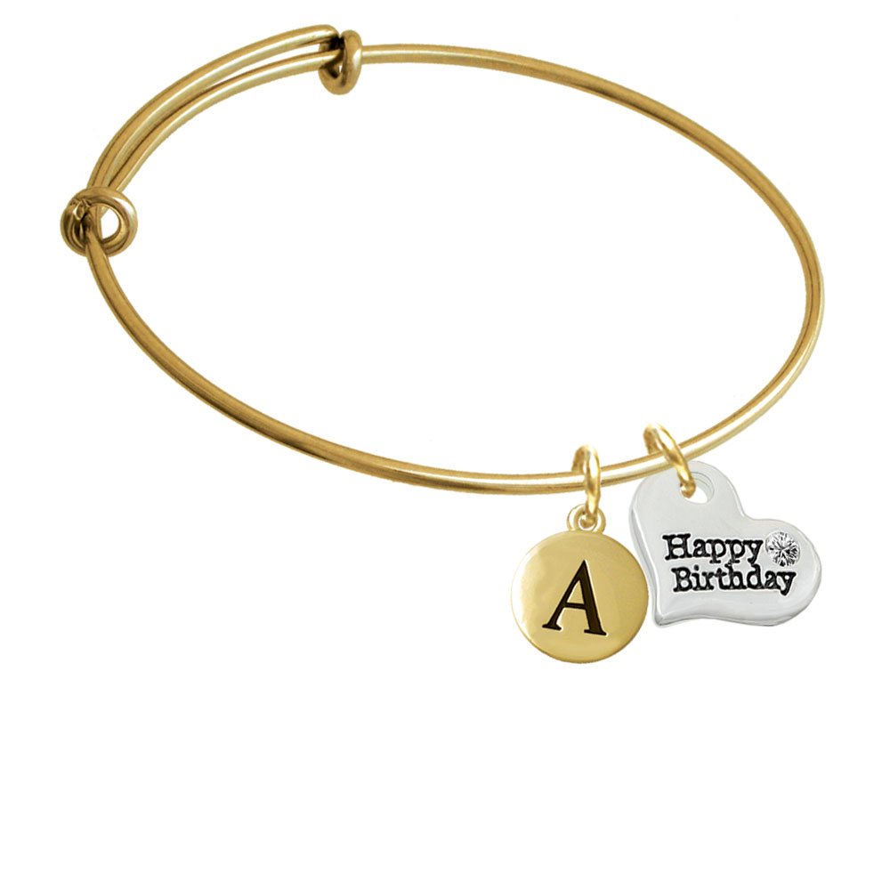 Large Happy Birthday Heart Gold Tone Initial Charm Expandable Bangle Bracelet Br-c5975-pebbleinitial-f2084-gp