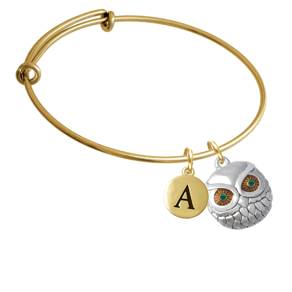Large Round Owl With Green Crystal Eyes Gold Tone Initial Charm Expandable Bangle Bracelet Br-ct1034-pebbleinitial-f2084-gp
