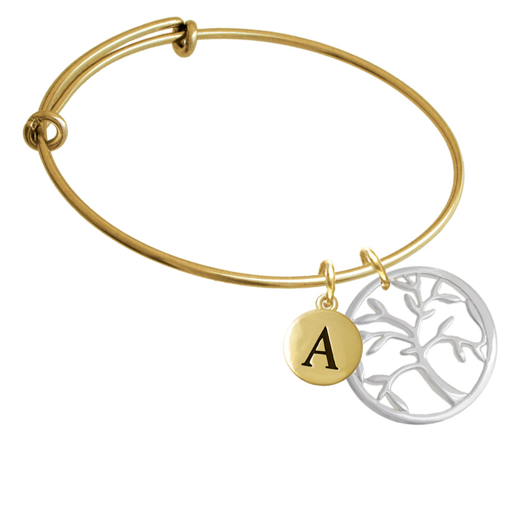 Tree Of Life In Circle Gold Tone Initial Charm Expandable Bangle Bracelet Br-ct1079-pebbleinitial-f2084-gp