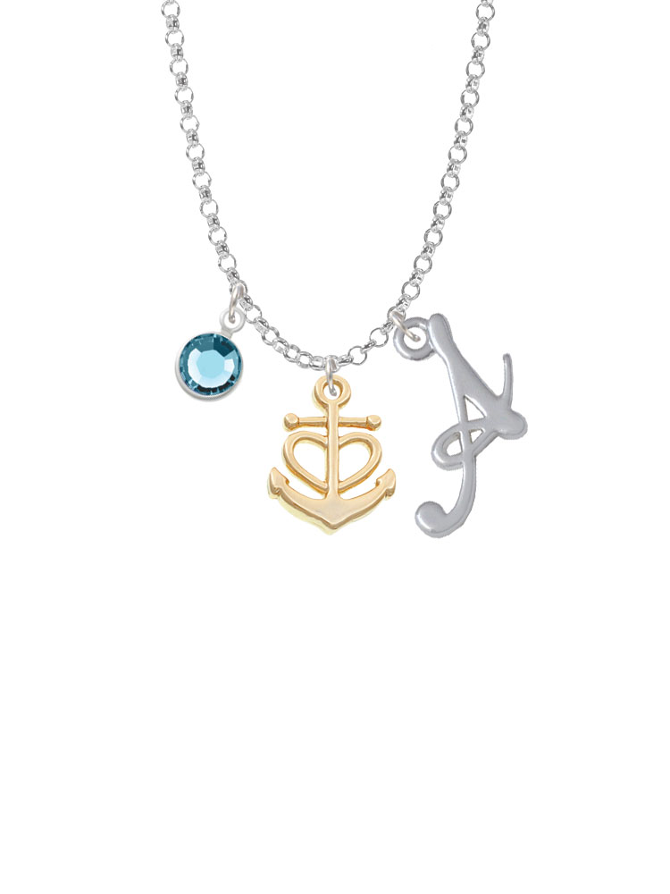 Gold Tone Anchor With Heart Charm Necklace With Gelato Initial And Crystal Drop Nc-channel-c6034-smgelato-f2301