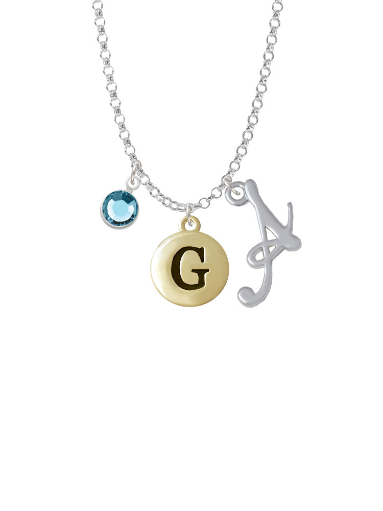 Capital Gold Tone Letter - G - Pebble Disc - Charm Necklace With Gelato Initial And Crystal Drop Nc-channel-c5158-smgelato-f2301