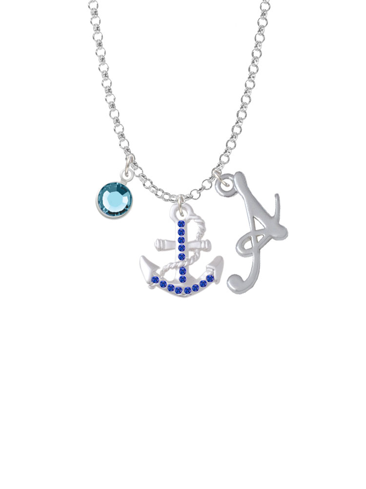 Blue Crystal Anchor Charm Necklace With Gelato Initial And Crystal Drop Nc-channel-c5535-smgelato-f2301
