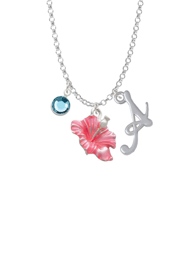 Pink Hibiscus Flower Charm Necklace With Gelato Initial And Crystal Drop Nc-channel-c2435-smgelato-f2301