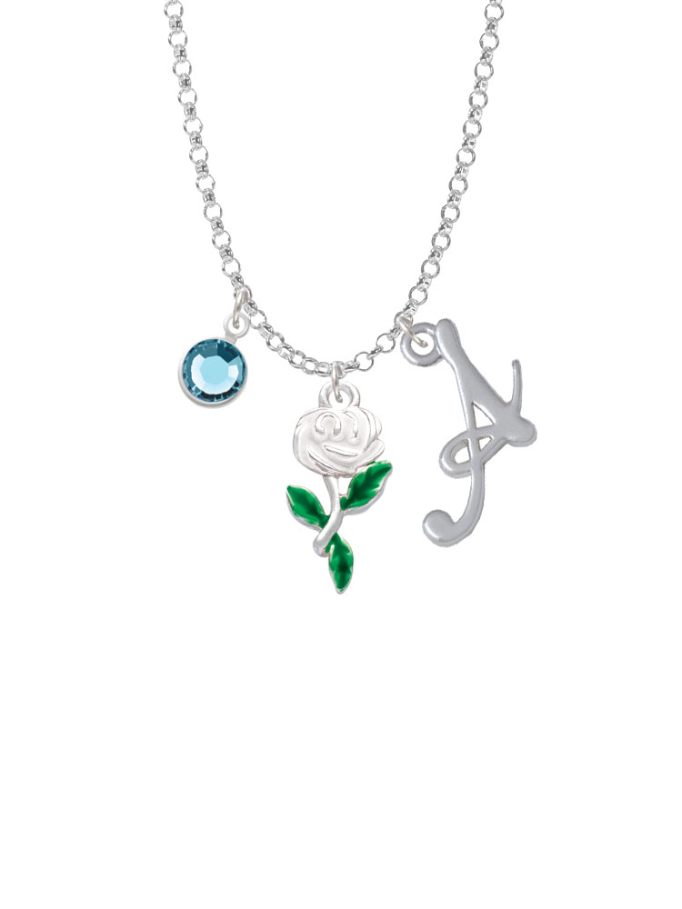 White Rose Flower Charm Necklace With Gelato Initial And Crystal Drop Nc-channel-c4873-smgelato-f2301