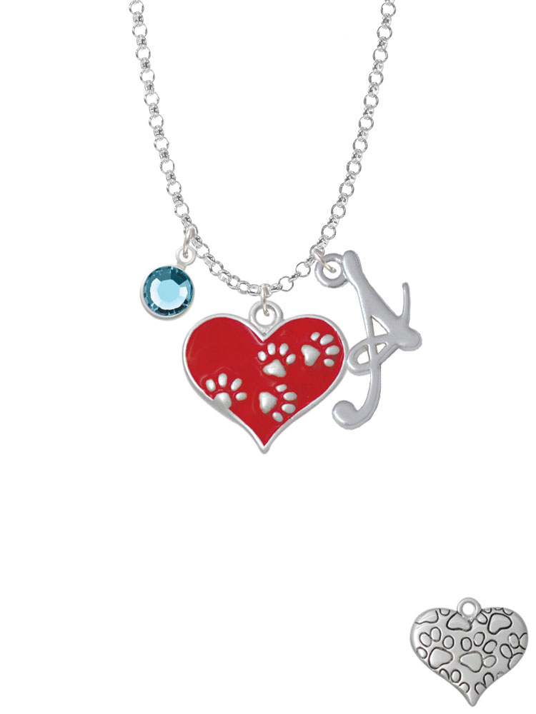 Red Enamel Heart With Paw Prints Charm Necklace With Gelato Initial And Crystal Drop Nc-channel-c4820-smgelato-f2301
