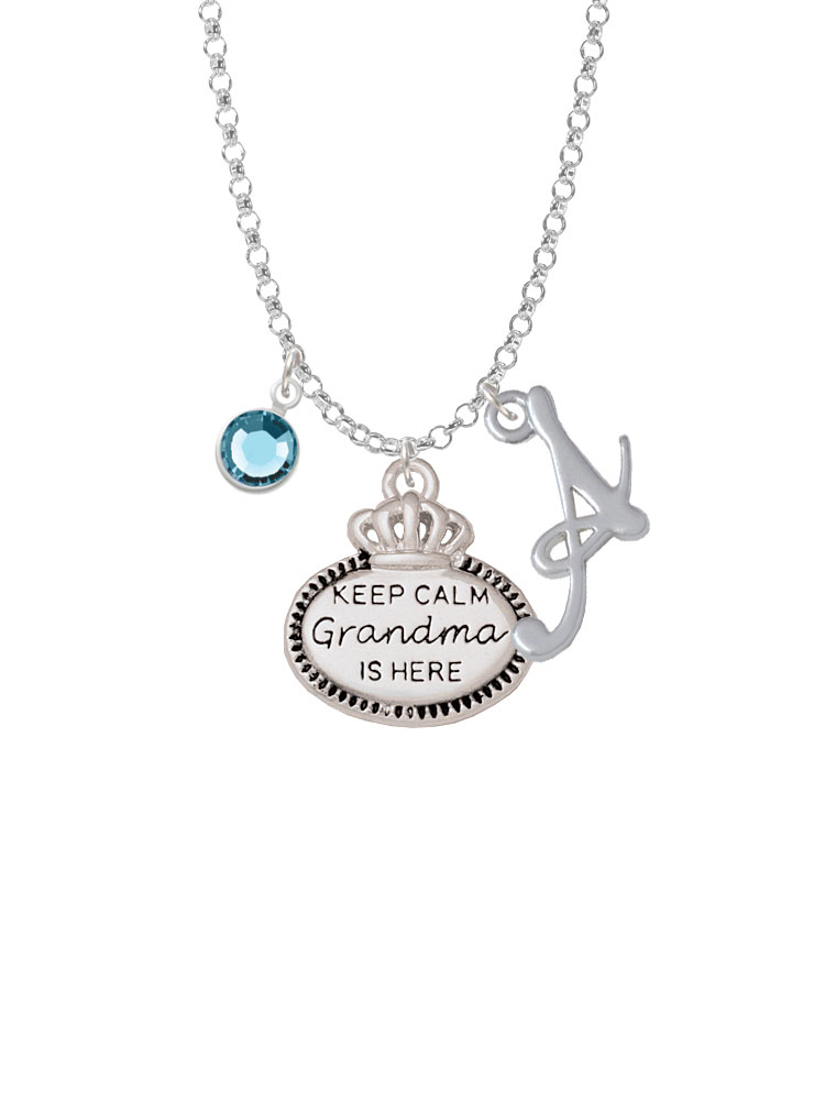 Keep Calm Grandma Is Here Charm Necklace With Gelato Initial And Crystal Drop Nc-channel-c5929-smgelato-f2301