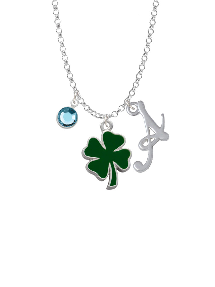 Two Sided Green Enamel Lucky Four Leaf Clover Charm Necklace With Gelato Initial And Crystal Drop Nc-channel-c1017-smgelato-f2301
