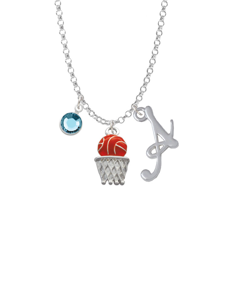 Basketball Over Hoop Charm Necklace With Gelato Initial And