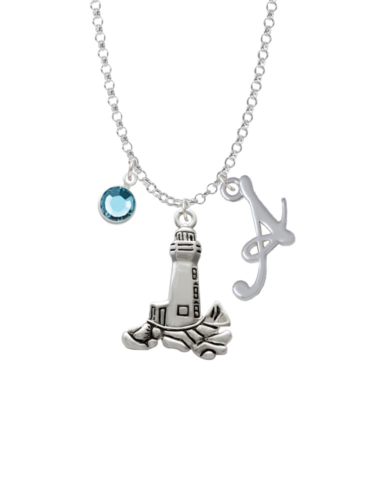 Antiqued Lighthouse Charm Necklace With Gelato Initial And Crystal Drop Nc-channel-c2483-smgelato-f2301