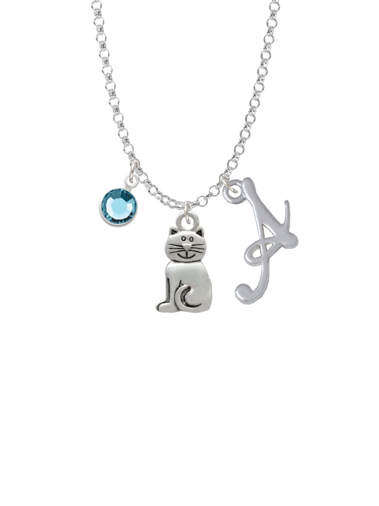 2-d Smiling Cat Charm Necklace With Gelato Initial And Crystal Drop Nc-channel-c3772-smgelato-f2301