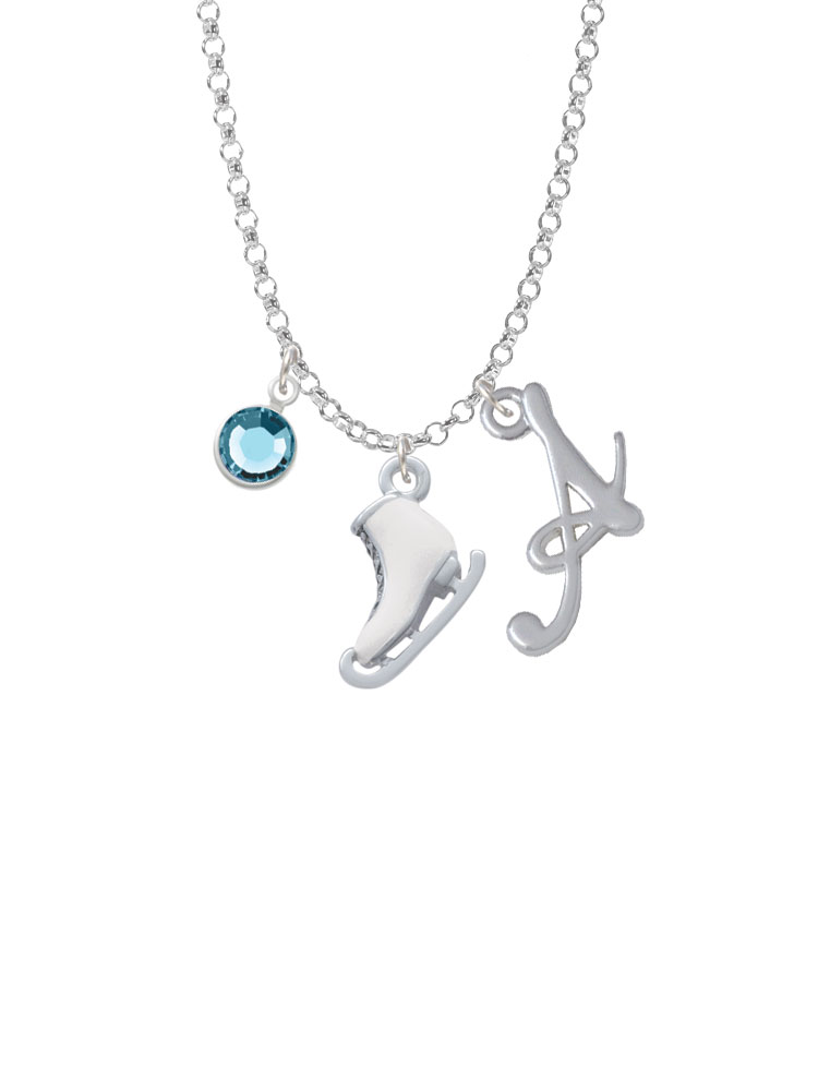 3-d White Ice Skate Charm Necklace With Gelato Initial And Crystal Drop Nc-channel-c4714-smgelato-f2301