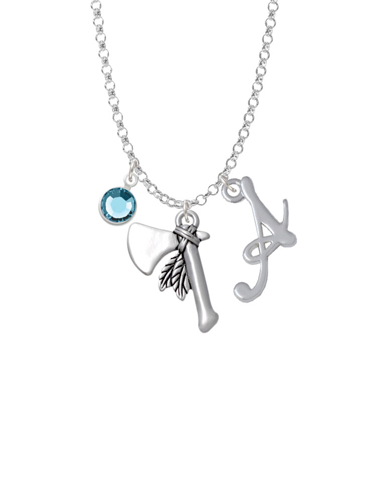 Tomahawk With Feathers Charm Necklace With Gelato Initial And Crystal Drop Nc-channel-c4869-smgelato-f2301
