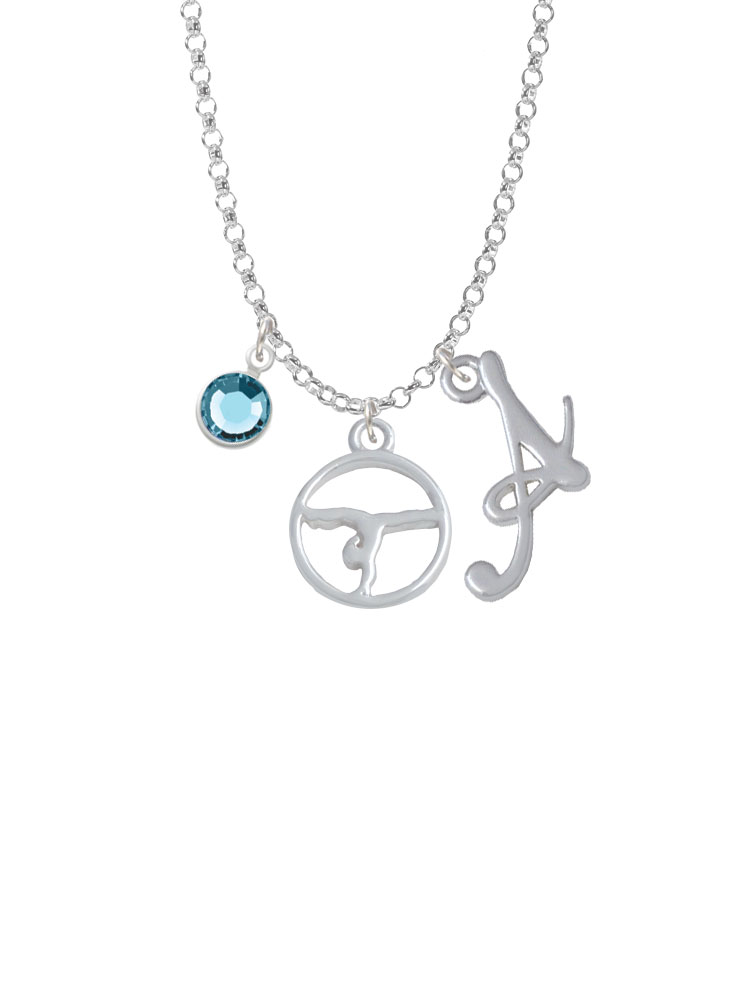 Gymnast Silhouette In 1/2'' Disc Charm Necklace With Gelato Initial And Crystal Drop Nc-channel-c5180-smgelato-f2301