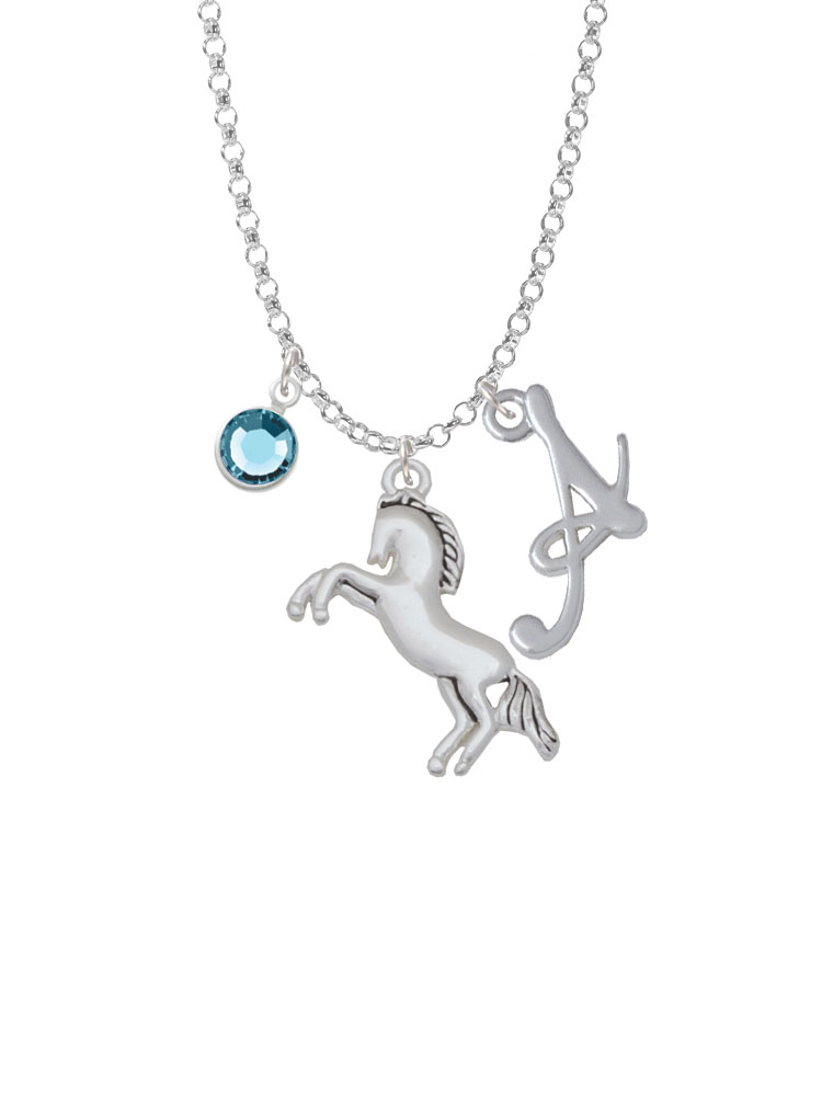 Small Rearing Horse Charm Necklace With Gelato Initial And Crystal Drop Nc-channel-c5710-smgelato-f2301