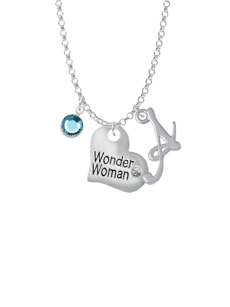 Large Wonder Woman Heart Charm Necklace With Gelato Initial And Crystal Drop Nc-channel-c5717-smgelato-f2301
