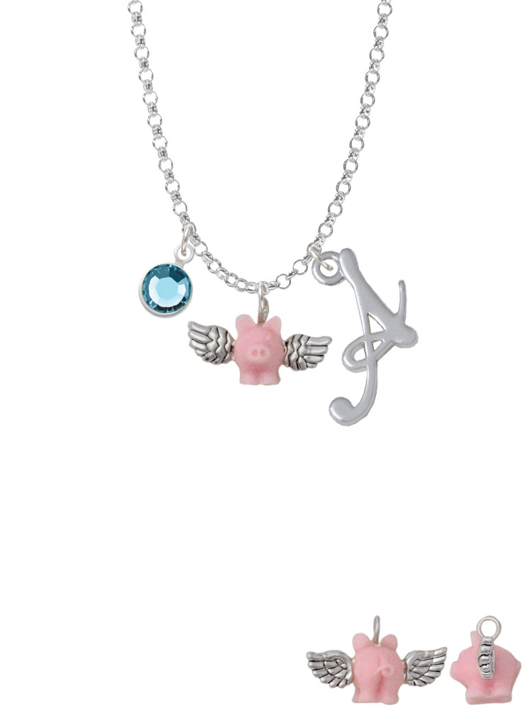 Mini Pink Flying Pig Charm Necklace With Gelato Initial And Crystal Drop Nc-channel-c5834-smgelato-f2301