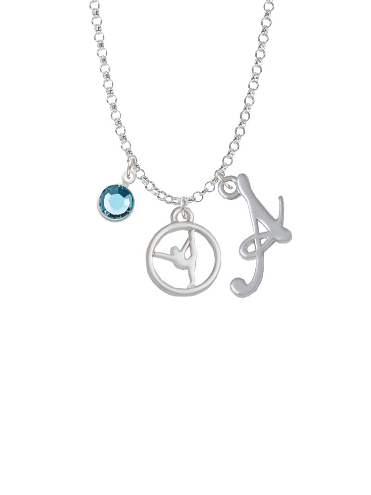 Silhouette Gymnast Disc - Raised Leg Split Charm Necklace With Gelato Initial And Crystal Drop Nc-channel-c5871-smgelato-f2301