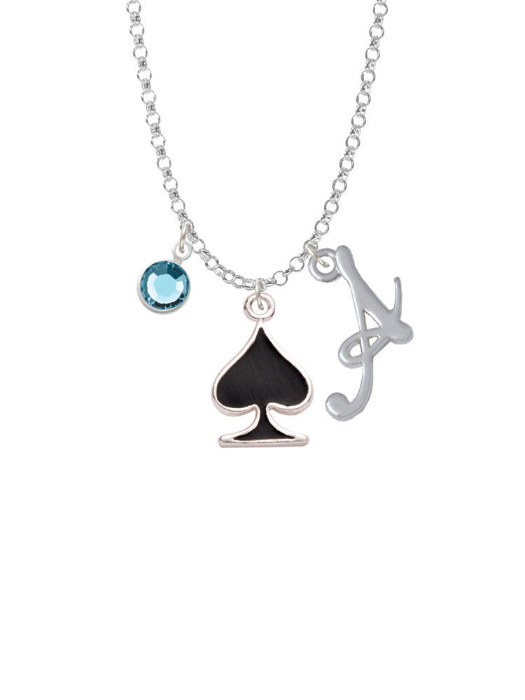 Card Suit - Black Spade Charm Necklace With Gelato Initial And Crystal Drop Nc-channel-c5955-smgelato-f2301