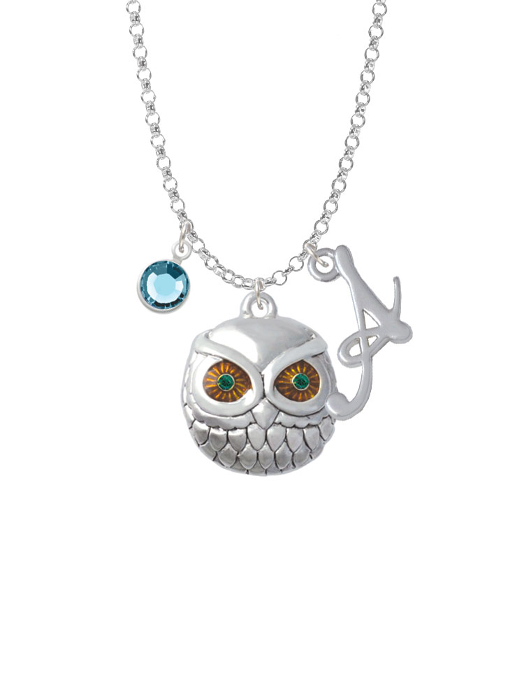 Large Round Owl With Green Crystal Eyes Charm Necklace With Gelato Initial And Crystal Drop Nc-channel-ct1034-smgelato-f2301