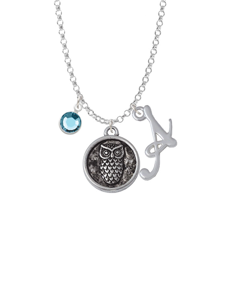 Antiqued Round Seal - Owl Charm Necklace With Gelato Initial And Crystal Drop Nc-channel-ct1073-smgelato-f2301