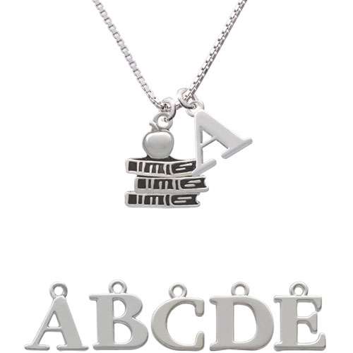 Antiqued School Books With An Apple Initial Charm Necklace Nc-c2806-spinitial-f1578