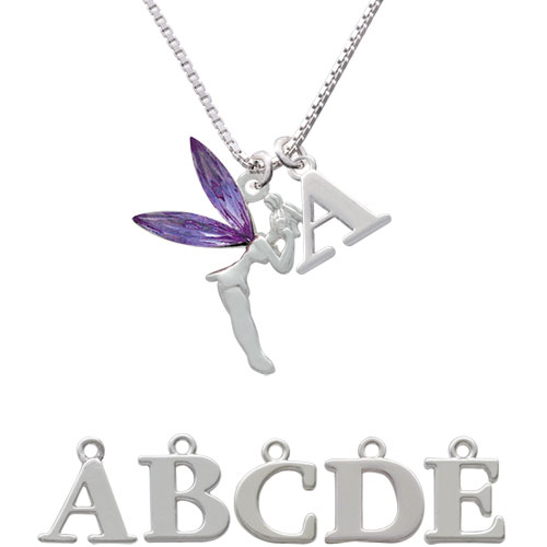 Large Fairy With Purple Wings Initial Charm Necklace Nc-c3311-spinitial-f1578
