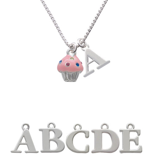 Small Pink Cupcake With Crystal Sprinkles Initial Charm Necklace Nc-c4033-spinitial-f1578