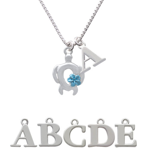 Open Sea Turtle With Blue Plumeria Initial Charm Necklace Nc-c4099-spinitial-f1578