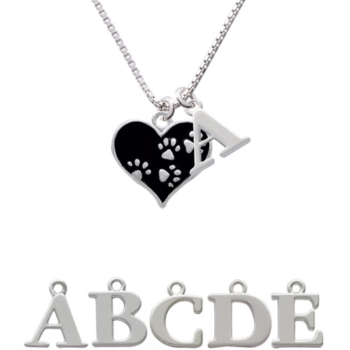Black Enamel Heart With Paw Prints Initial Charm Necklace Nc-c4144-spinitial-f1578
