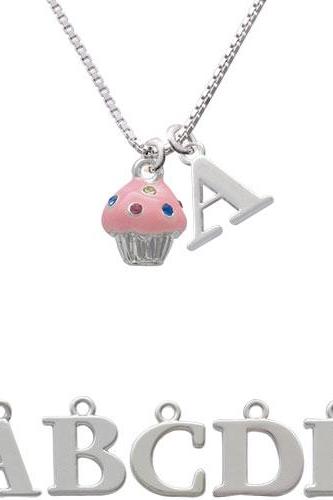 Small Pink Cupcake with Crystal Sprinkles Initial Charm Necklace NC-C4033-SPInitial-F1578